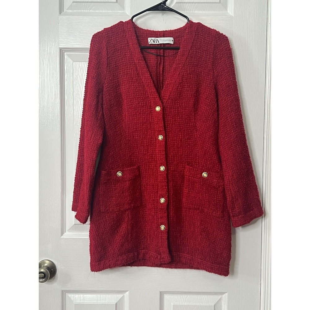 ZARA Boucle Knit Cardigan Dress M Red Preppy Old Money Dark Academia Chic Luxe - Picture 2 of 7